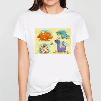 2020 Lete Ženy T-shirt Malý dinosaurus košíka Vytlačené Tshirts Bežné Topy Tee Harajuku 90. rokov Vintage Biele tričko Ženské Oblečenie 2