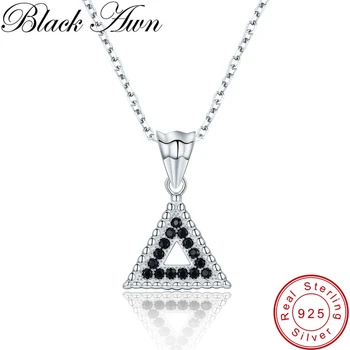 [BLACK AWN] 925 Sterling Silver Náhrdelník pre Ženy Black Spinelovou Trojuholník List Náhrdelníky, Prívesky, Mincový Striebro Šperky P194