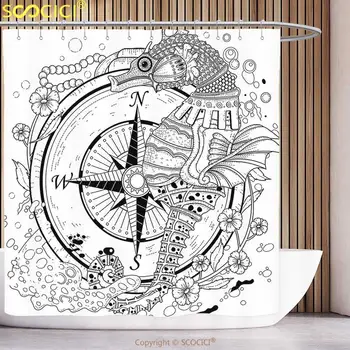 Cool Sprchový Záves Kompas Dekor Obrie morské Pobrežie celého Kompas v Skvelého Ozdobený Podrobné Motívy Tichom Zviera Tlače, Čierna 0