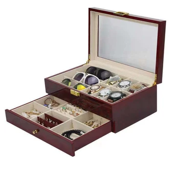 Dvojvrstvové Watch Box Organizátor Drevené Okuliare, Šperky Hnedé Úložný Box Zásuvky Big Hodiniek Box Prípade Dreva Display Box Darčeky