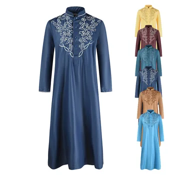 Jednofarebné Moslimských Mužov Šaty Výšivky Kaftan Rúcha Islamské Oblečenie Vintage Dlhý Rukáv Šaty Stoja Golier Jubba Thobe PW212
