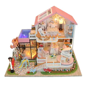 LED Svetlo Doll House Miniatúrne DIY domček pre bábiky Handmad Drevené Furnitures Predstierať, že Hrať Dom Hračka Pre Deti, Darček k Narodeninám