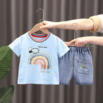 Letné Baby Boy Šaty Bavlna Deti Kreslené Tričká Denim Krátke Nohavice, 2 ks/súpravy Dojčenská Oblečenie Deti Móda Batoľa Vyhovuje 0