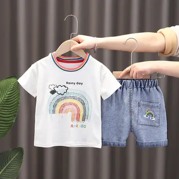 Letné Baby Boy Šaty Bavlna Deti Kreslené Tričká Denim Krátke Nohavice, 2 ks/súpravy Dojčenská Oblečenie Deti Móda Batoľa Vyhovuje 1