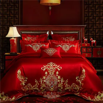 Luxusné Elegantné Výšivky Tradičné Červené Svadobné posteľná bielizeň Nastaviť Kráľ, Kráľovná 100%Bavlny, Mäkké Obliečky Kryt prehoz cez posteľ/Posteľná obliečka na Vankúš list