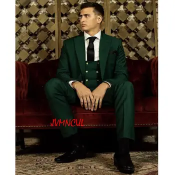 Muži Obleky Slim Fit 3 Ks Zelené Singel Svojim Zlato Tlačidlá Klasické Obleky Pre Svadby Ženích Prom Mužské Oblečenie, Sako Sady 1