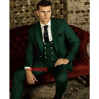 Muži Obleky Slim Fit 3 Ks Zelené Singel Svojim Zlato Tlačidlá Klasické Obleky Pre Svadby Ženích Prom Mužské Oblečenie, Sako Sady 2
