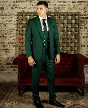 Muži Obleky Slim Fit 3 Ks Zelené Singel Svojim Zlato Tlačidlá Klasické Obleky Pre Svadby Ženích Prom Mužské Oblečenie, Sako Sady 3