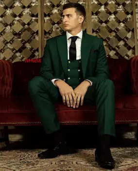 Muži Obleky Slim Fit 3 Ks Zelené Singel Svojim Zlato Tlačidlá Klasické Obleky Pre Svadby Ženích Prom Mužské Oblečenie, Sako Sady 4