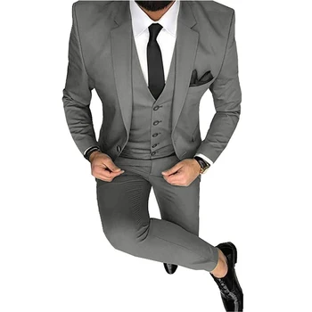 Muži Obleky Slim Fit Bežné 3 Kusy Business Groomsmen Sivá Zelená Šampanské Klope Tuxedos Pre Formálne Svadby(Bunda+Nohavice+Vesta)