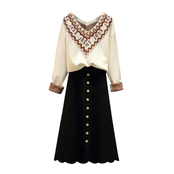Nové jarné a jesenné tenký sveter sukne dvoch-dielny veľké veľkosti dámskej módy abstraktné vzor nastaviť TB190219