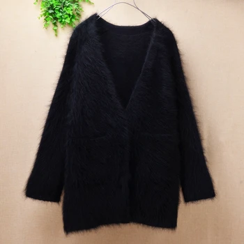 Nové zimné dámske ženy black tvaru Noriek Cashmere pletené králik kožušiny voľné svetre kvalitné bundy kabáty sveter