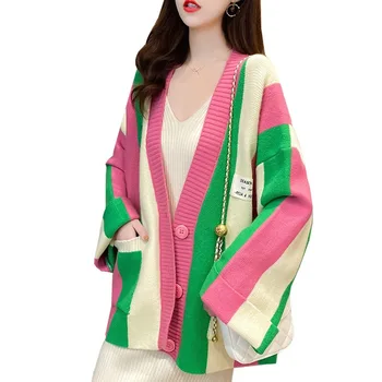 ružová a zelená Vlnené svetre žien cardigan jeseň 2020 nový kórejský jar a na jeseň kabát malátny sveter voľné módne oblečenie