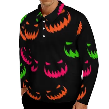 Strašidelné Halloween Bežné Polo Shirts Farebné Tekvice Tričká Dlhý Rukáv Vlastné Tričko Jeseň Streetwear Nadrozmerné Topy Darček