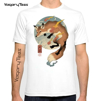 Vintage Fox Design Muži T-Shirt Japonský Fire Fox Ukiyo-e Vytlačené Tshirts Lumbálna Topy Krátke Vtipné Tričko 0