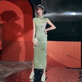 Vintage Zelená Kvetina Tlače Cheongsam Škvrny, Dlhé Štíhle Elegantné Šaty Ženské Čínske Šaty Čínske Ženy Qipao Veľkosť M-4XL