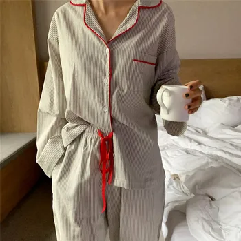 voľné pruhované pyžamo nastaviť ženy císař šnúrkou nohavice dlhý rukáv topy bežné bavlna japonský štýl sleepwear